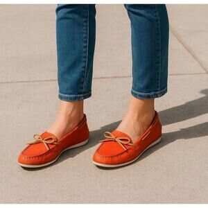 Lucky Brand Womens Size 7.5M Orange Leather Slip On Shoes Flats Moccasin 🔥 EUC